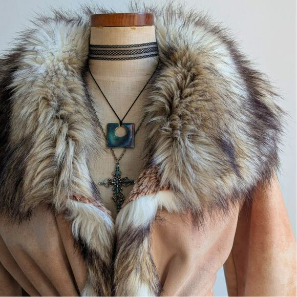 Vintage Brown Vegan Suede Penny Lane Jacket Y2K Tan Faux Fur Afghan Coat Small - Picture 8 of 10